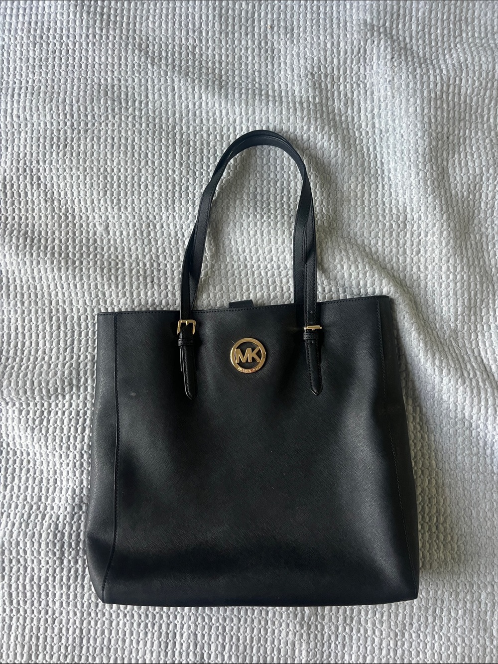 Michael Kors Black Leather Tote with Gold MK Emblem
